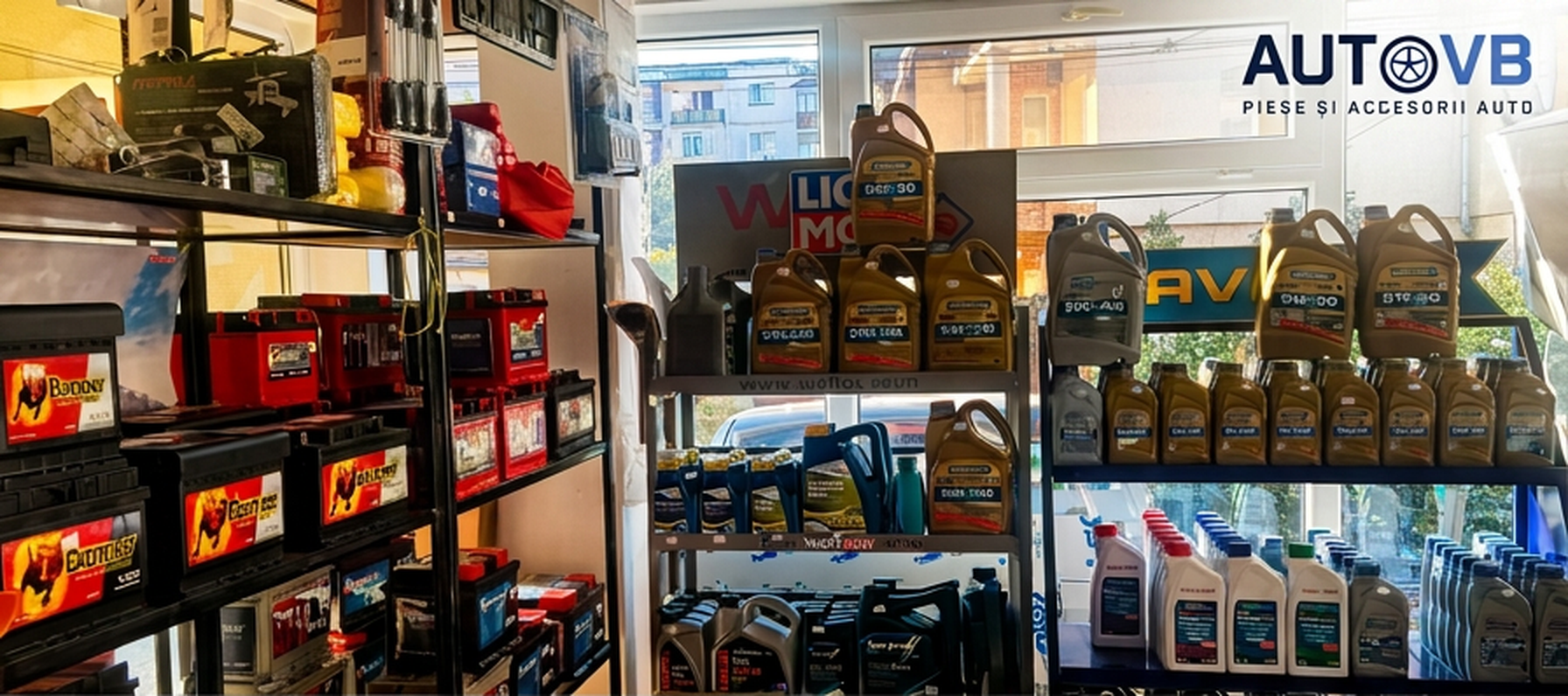 Rafturi cu baterii auto și uleiuri de motor în magazinul AutoVB